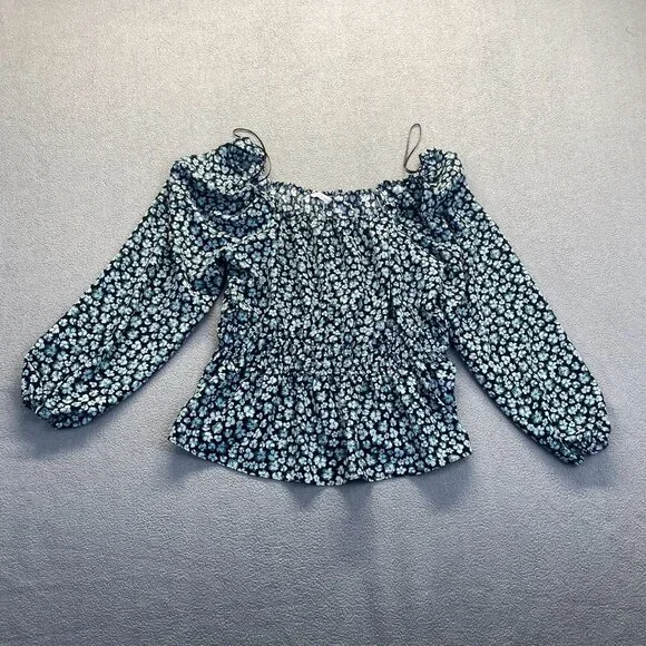 NINE WEST Fashion Top Size XL Long Sleeves Square Neck Peplum Blouse Black/Green - Picture 1 of 9